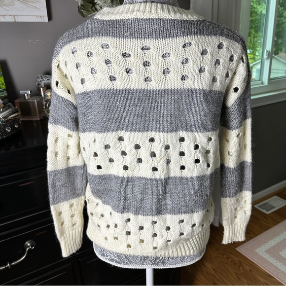 Lush Open Knit Striped Sweater S Soft Cream & Charcoal Coastal Grandma Pullover - Picture 6 of 14